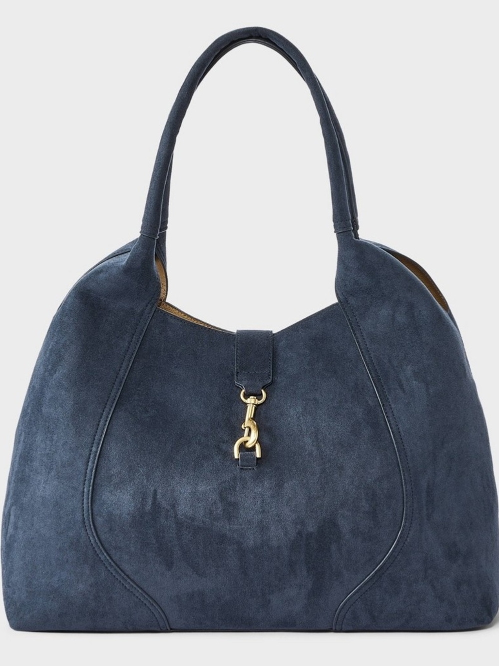 Faux Suede Navy Shoulder Hobo Bag with Gold Hardware